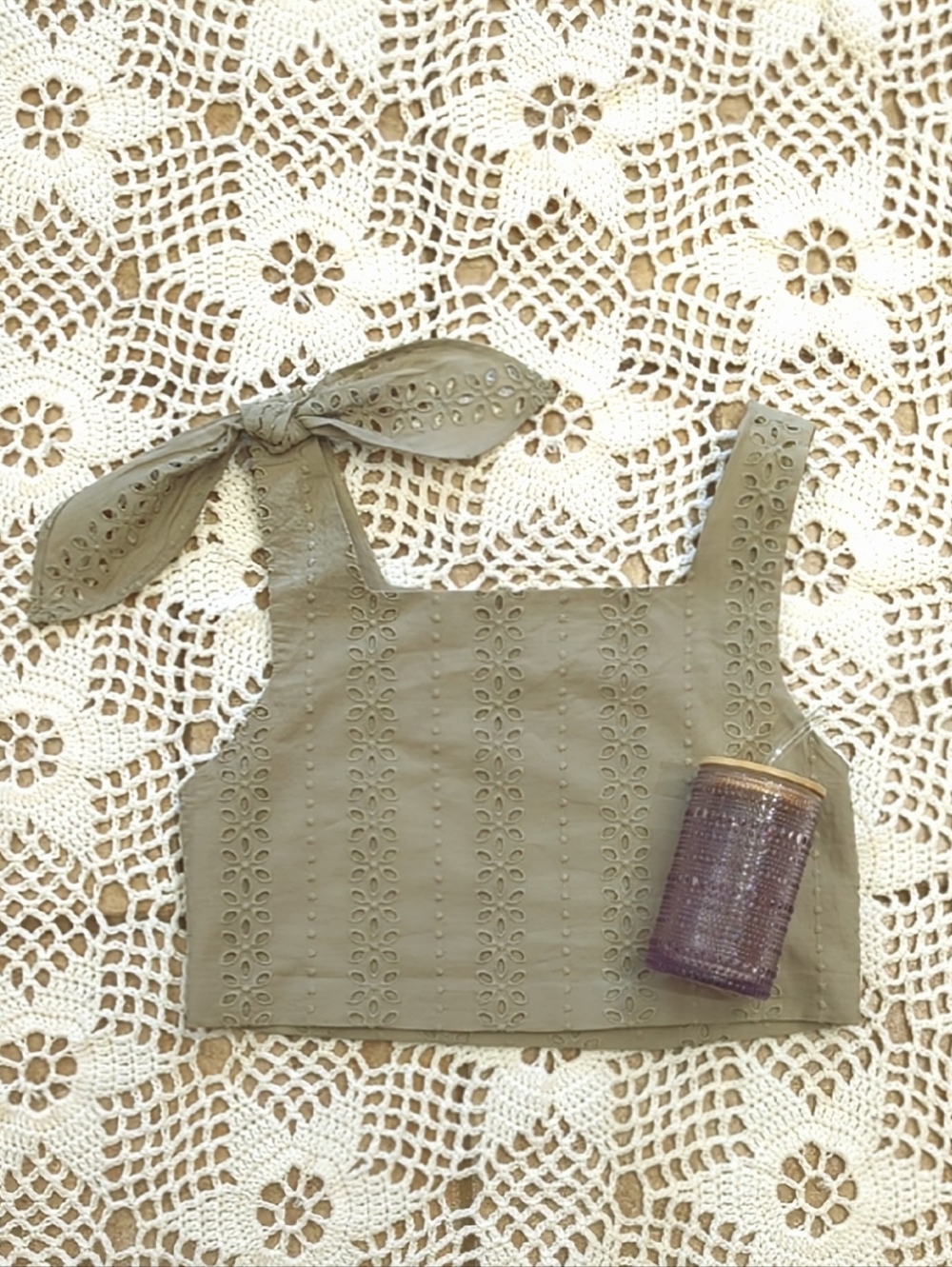 NWOT Zara Eyelet Sleeveless Bow Cropped Top In Sage Green